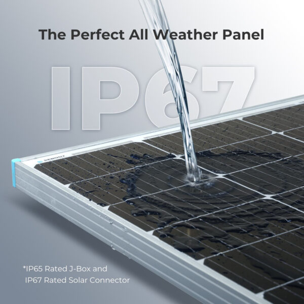 Renogy Monocrystalline solar panel showing it is water proof